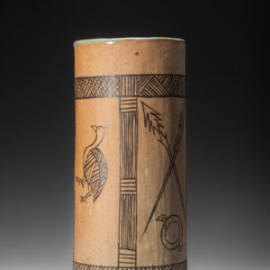 Woodfired stoneware with celadon glaze over brushwork.