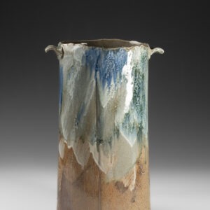 Vase with handles
Woodfired Salt Glazed Stoneware with Porcelain Slip, Underglaze Decals and Ash Glaze 
28 X 17 X 41cm     $2200