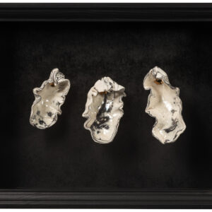 Framed set of oysters 2
Set of 3 oysters in porecelain and black midfire clay with mother of pearl and gold lustre highlights, in black frame
28 X 6 X 23cm     $175